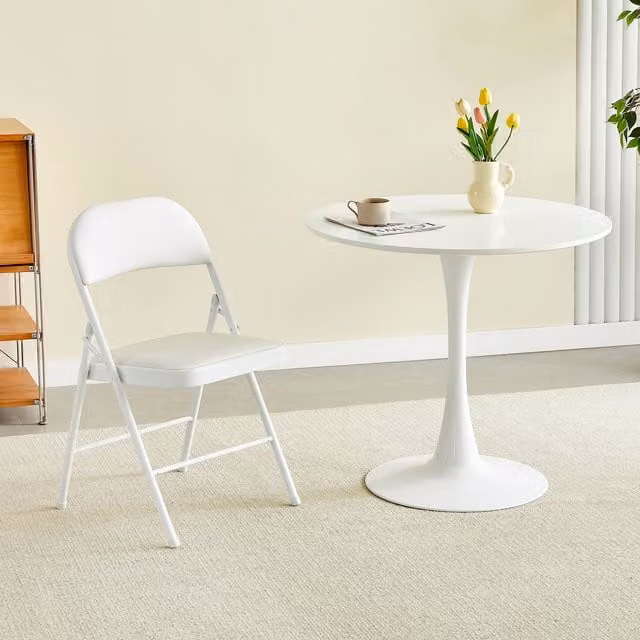 MCC Direct Single Folding Dining Chair with White Synthetic Leather Padded Seat and Metal Frame