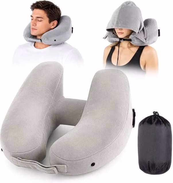 VOGREX Grey Inflatable H-Shaped Travel Neck Pillow with Plush Cover
