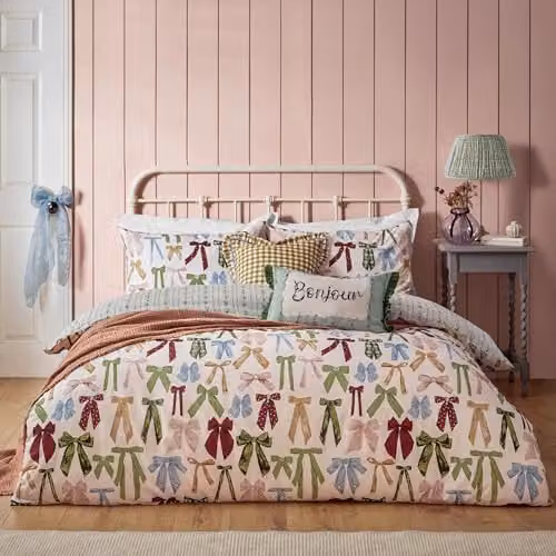 Furn Noortje Bows Reversible Duvet Cover Set in Pink, W/D/H: 180 x 200 cm