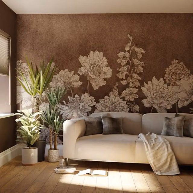 Superfresco Easy Muted Floral Chocolate Print Wall Mural in Brown, W: 300 cm, H: 280 cm