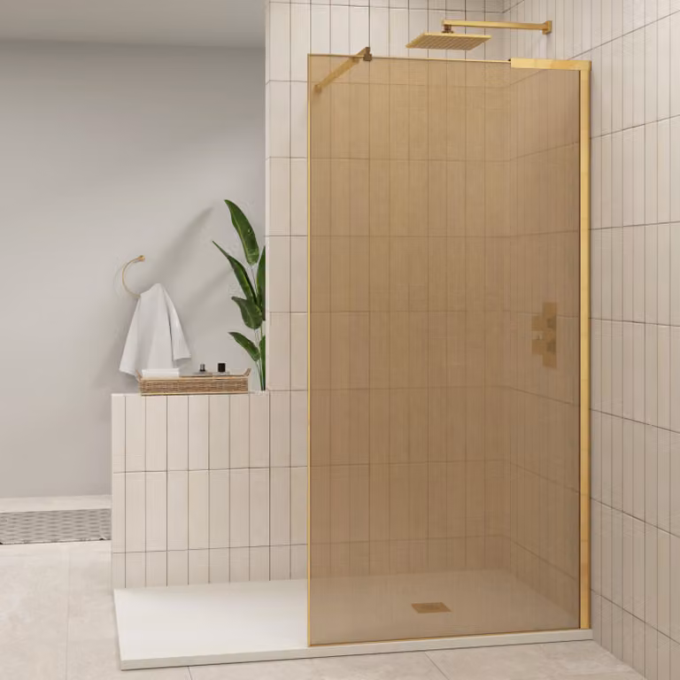 Regal Walk In Wet Room Shower Screen with Brushed Brass Mesh, Gold Stainless Steel, W: 80 cm, H: 195 cm, Glass Thickness: 10 mm