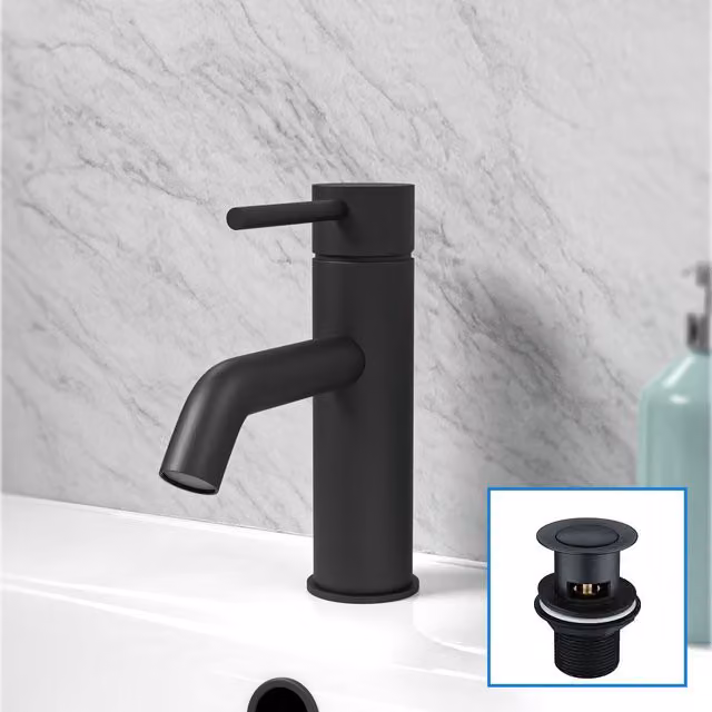 Nes Home Matt Black Round Single Lever Deck Mounted Basin Mono Tap with Pop Up Waste