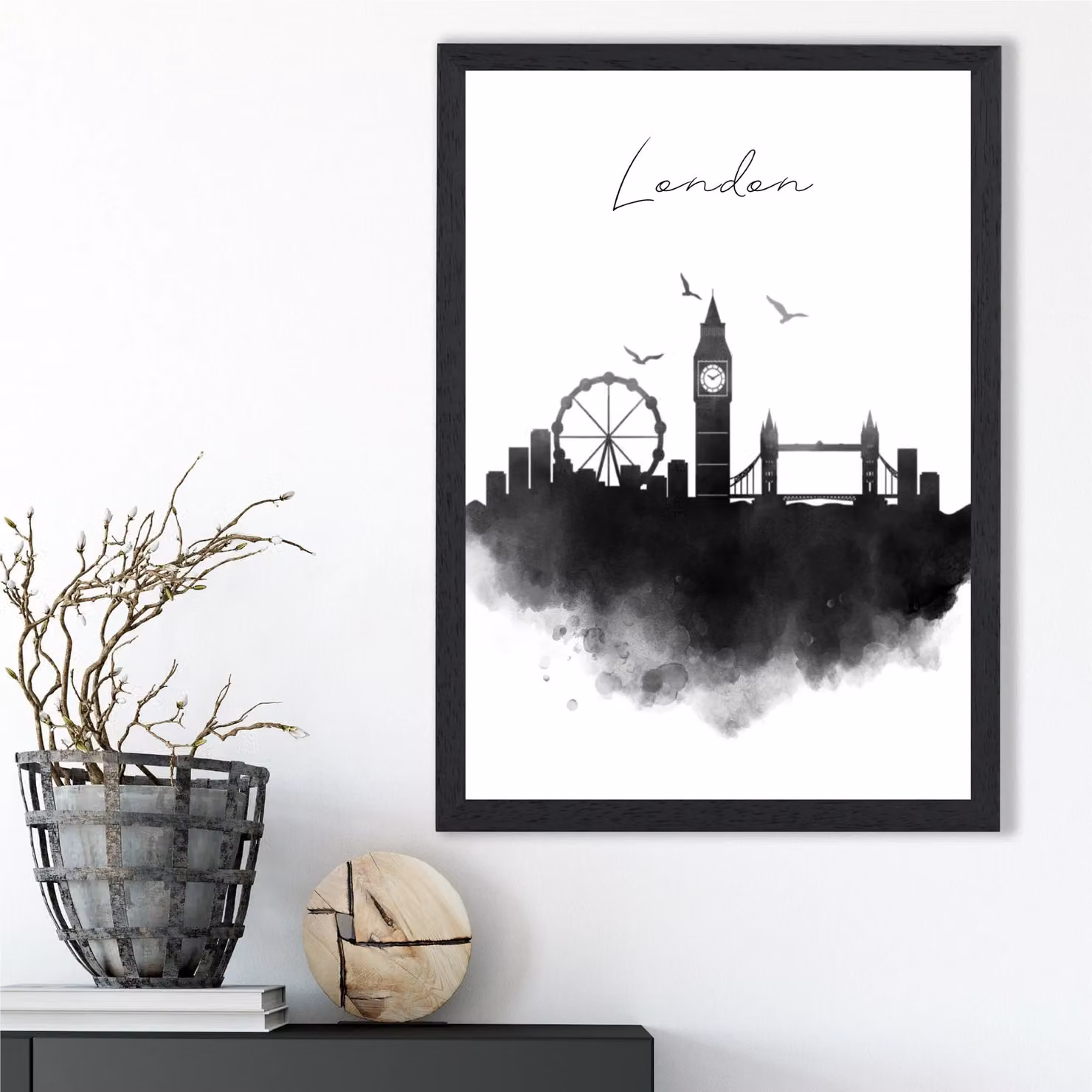 ARTZE London Watercolour Skyline City Framed Print in Black – 2