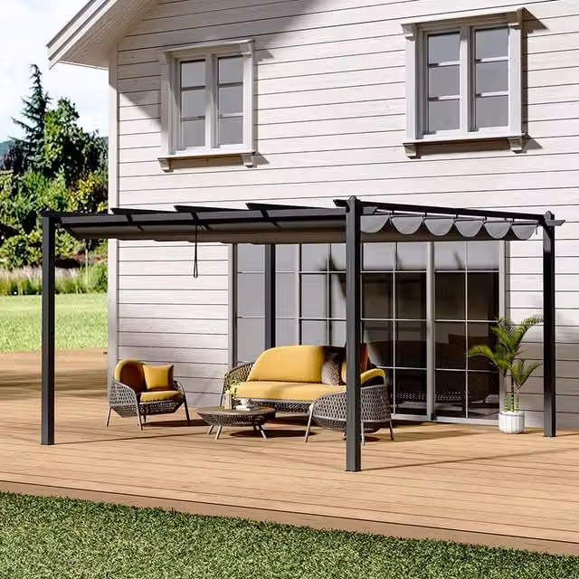 Livingandhome Modern Aluminium Garden Patio Pergola with Canopy in Anthracite Grey, 4m