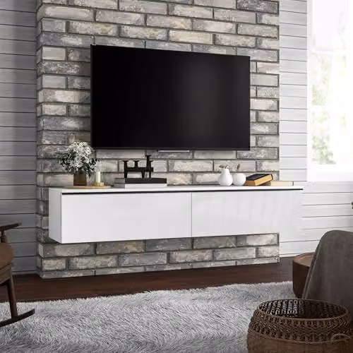 HOMCOM High Gloss Wall Mounted TV Stand Unit with Storage, White – 2
