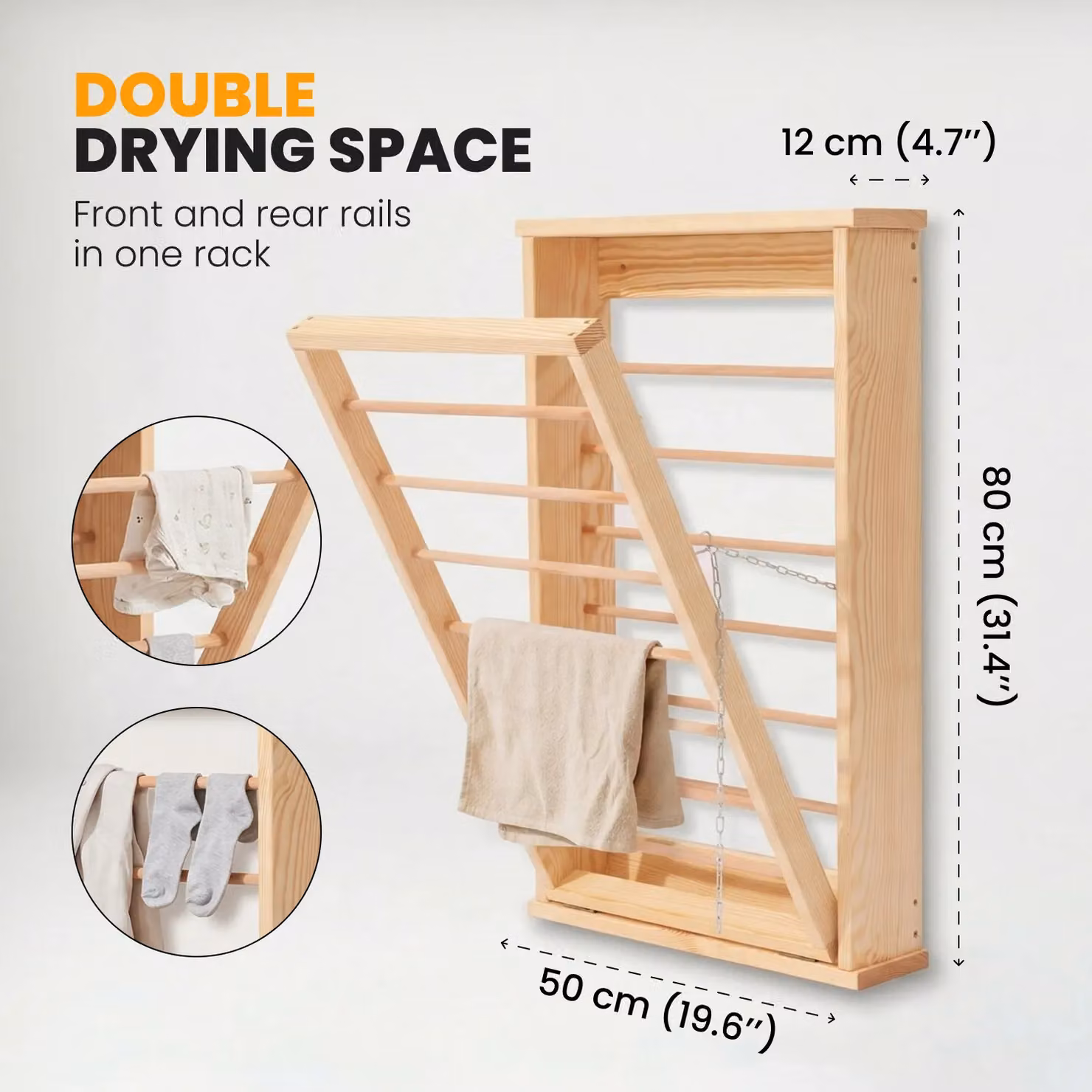 Novecrafto Wall Mounted Wooden Clothes Drying Rack in Brown, Foldable with Double Side Rails, W: 50 cm, H: 80 cm – 3
