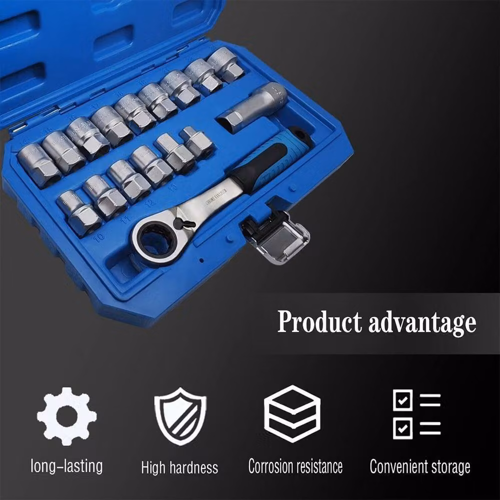Kelvenix 17-Piece Metric Go-Thru Socket Set with 3/8" and 1/2" Adaptors and Ratchet in Silver – 3