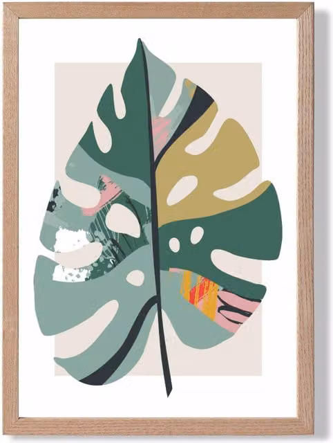 ARTZE Minimalist Monstera Leaf Framed Print in Green and Red with Oak Wood Frame, A4