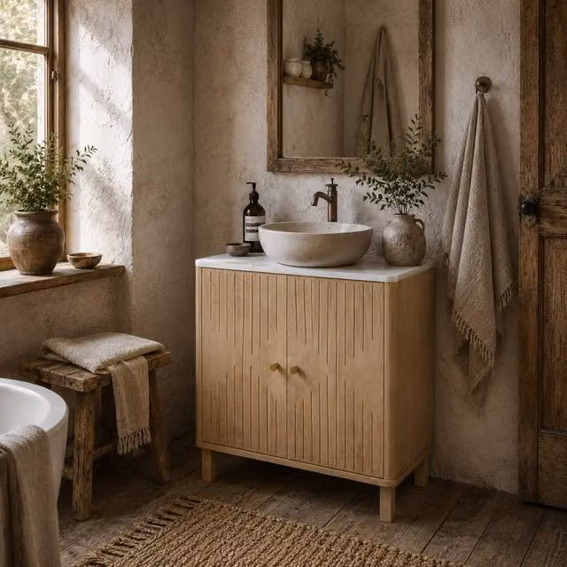 Wyld Haus Combita Under Sink Bathroom Cabinet in Oak and White with U-Shaped Cut Out – 1