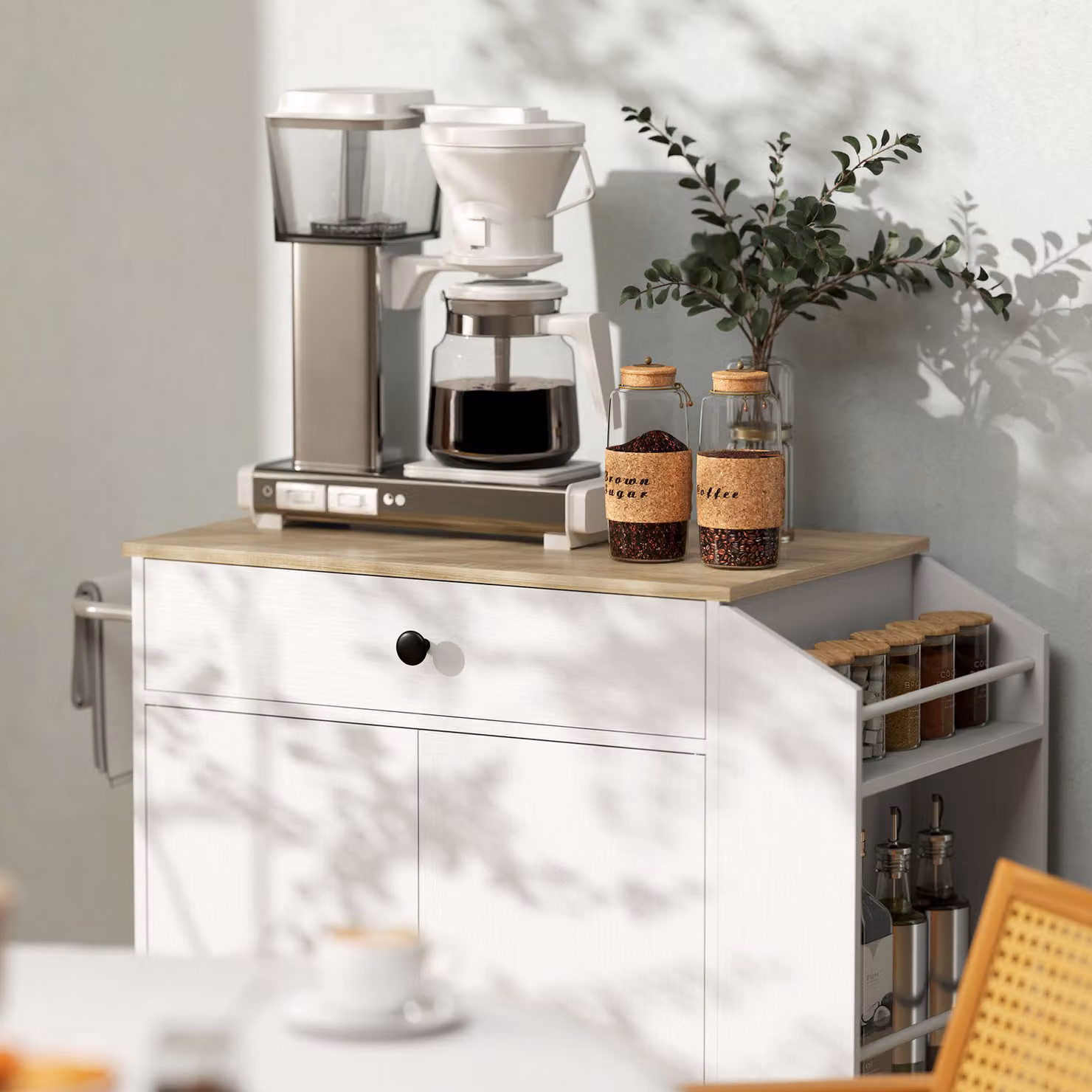 HOMCOM Rolling Kitchen Island with 3-Tier Spice Rack and Drawer in White – 6