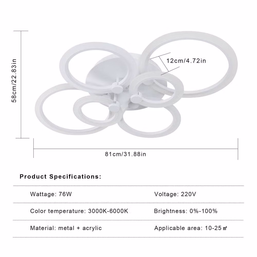 Pheashine White 6-Ring Interlocking LED Ceiling Light, 76W Dimmable with Remote Control – 2