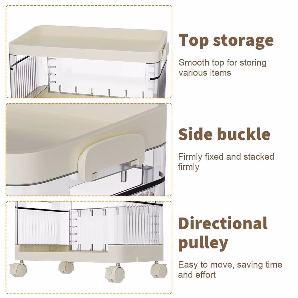 KORVIXA 4 Tier Rolling Storage Trolley with Side Guards in Cream, W: 60 cm, H: 60 cm – 3