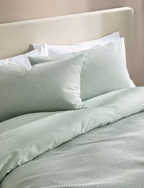 M&S Green Pure Cotton Waffle Duvet Cover and Pillowcase Set, W: 180 cm, H: 200 cm