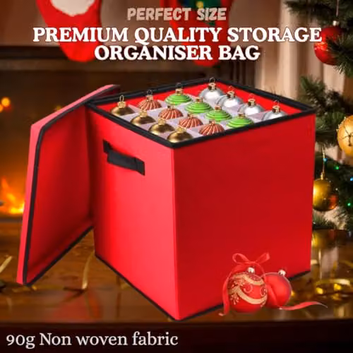 Almineez Red Christmas Tree Bauble Decoration Organiser Box with 4 Removable Trays and Carry Handles, Holds 64 Ornaments – 2