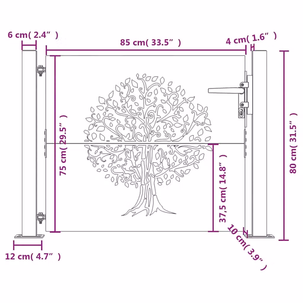 Berkfield Home Garden Gate in Brown Corten Steel with Tree Design, W: 105 cm, H: 80 cm – 4