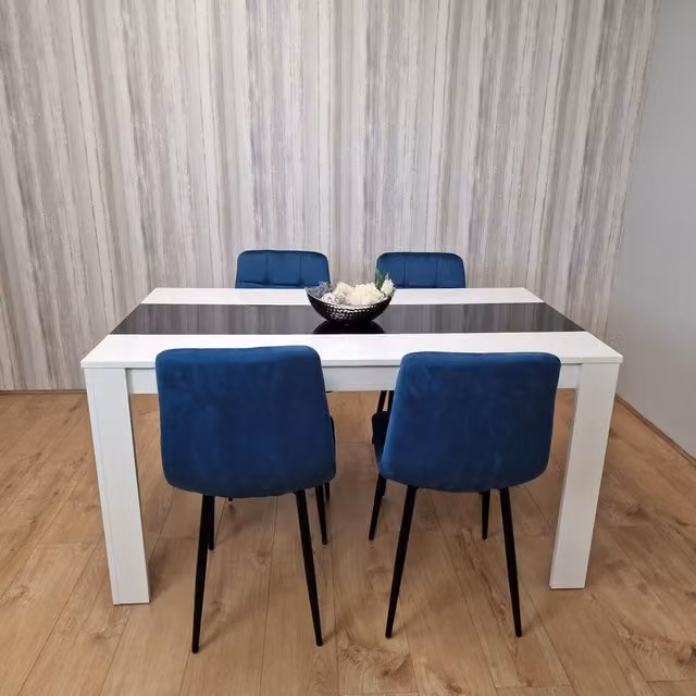 Kosy Koala Modern Dining Set with Rectangular White and Black Glossy Table and 4 Blue Tufted Velvet Chairs