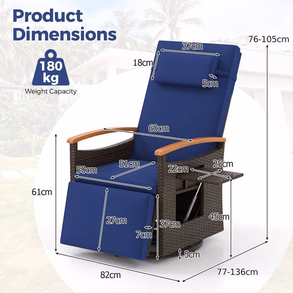 Costway 360 Degree Swivel Rattan Recliner Chair with Adjustable Headrest and Side Tray in Navy Blue – 2