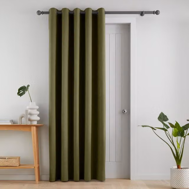 Catherine Lansfield Wilson Velvet Thermal Eyelet Door Curtain, Green