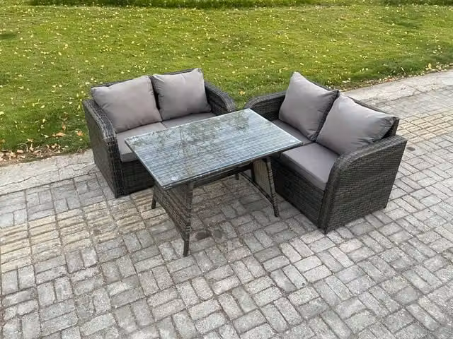 Fimous 3 Piece Wicker Rattan Garden Furniture Set with Rectangular Dining Table and Love Sofa in Dark Grey