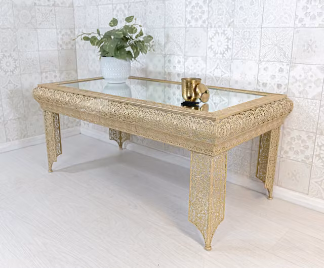 Downton Interiors Agadir Gold Embossed Metal and Mirrored Glass Coffee Table