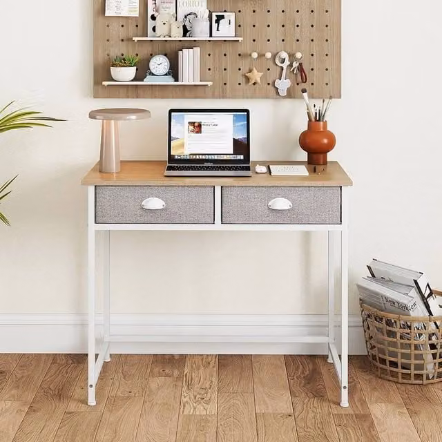 FORGEVIO Modern Computer Desk for Home Office in Natural Brown and White with 4 Hanging Hooks – 1