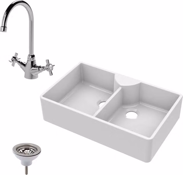 Balterley White Ceramic 2 Bowl Stepped Weir Butler Sink with Mono Mixer and Waste, W: 89.5 cm