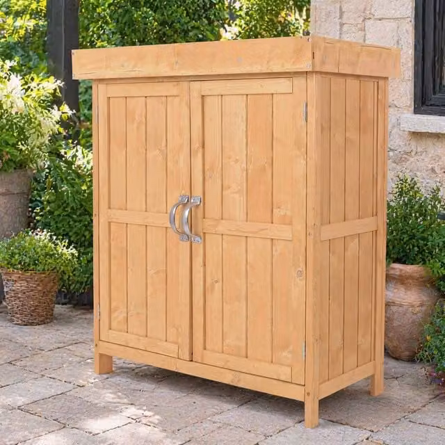 STILVORA Freestanding Rustic Garden Storage Cabinet with Hinged Doors and Internal Shelves in Brown and Beige – 1