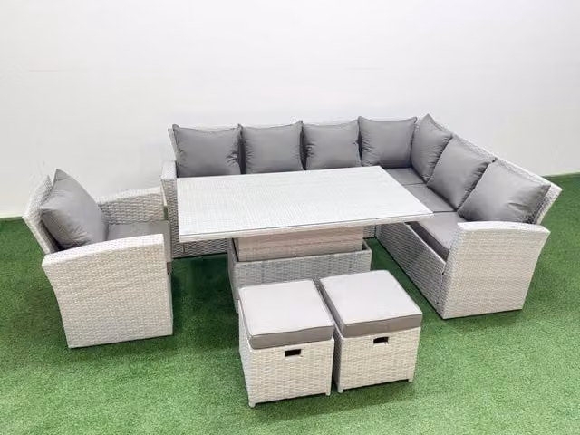 Fimous 9 Seat Rattan Garden Furniture Corner Sofa Set with 2 Small Footstools in Light Grey