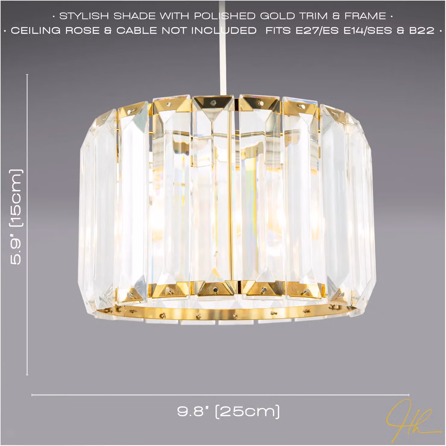 Happy Homewares Contemporary Easy Fit Pendant Shade with Gold/Brass Metal and Transparent Acrylic Rectangular Rods, Diameter: 25 cm – 2