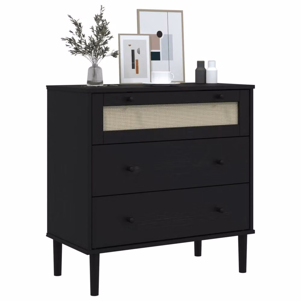 Berkfield Home SENJA Drawer Cabinet in Black Rattan Look, Solid Pine Wood, W/D/H: 80 x 40 x 80 cm – 3
