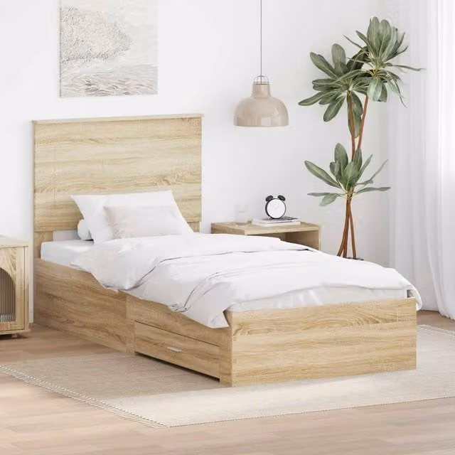 Berkfield Home Sonoma Oak and Silver Bed Frame in Brown Engineered Wood W: 75 cm