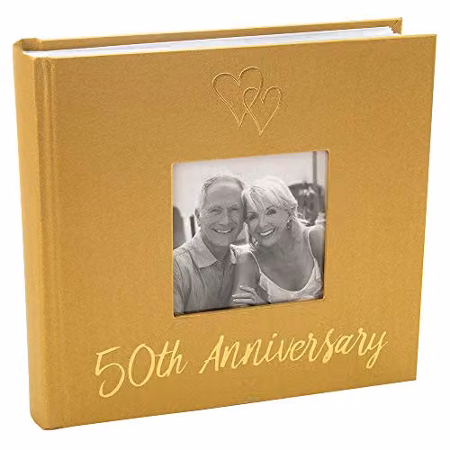 Happy Homewares Golden 50th Wedding Anniversary Photo Album with Double Heart Decoration in Gold and Red, W/D/H: 17.78 x 16.51 x 2.54 cm – 1