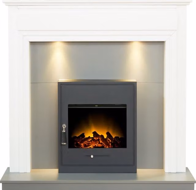 Adam Fires & Fireplaces Honley Built-in Electric Fireplace in White and Grey with Oslo Black Electric Inset Stove, W: 121.92 cm – 1