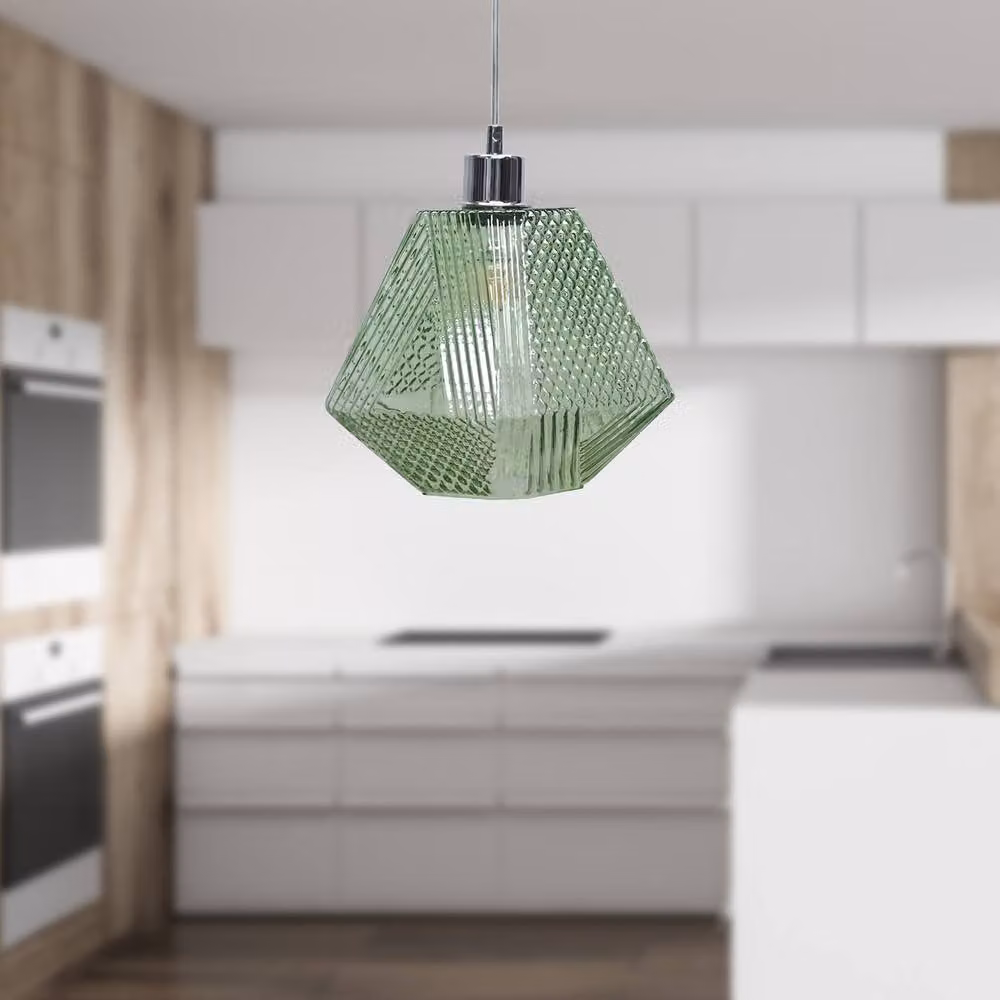 First Choice Lighting Lens Chrome Pendant Light with Green Textured Glass, Silver/Chrome, H 113.0 cm x W 42.0 cm x D 20.0 cm – 2
