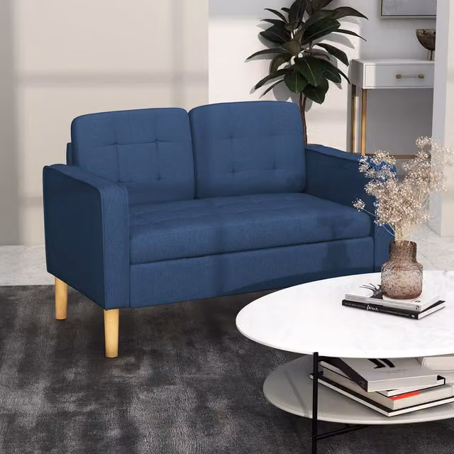 HOMCOM Compact 2 Seater Loveseat Sofa with Storage and Wood Legs in Blue
