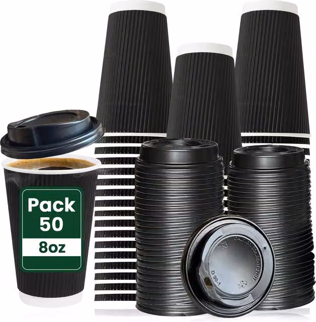 ECONX Disposable Kraft Paper Coffee Mugs with Lids, Black, 236.588 ml, Pack of 50