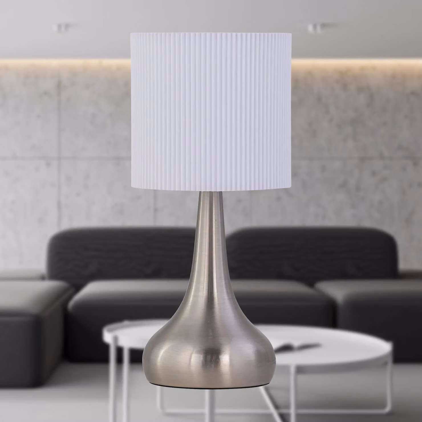First Choice Lighting Romana Set of 2 Brushed Chrome Touch Table Lamps with White Fabric Shades – 2