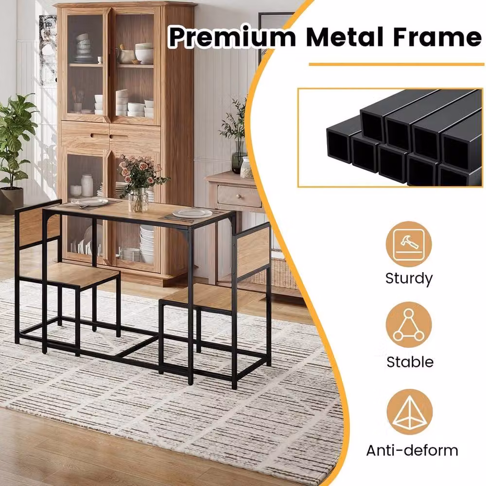 VOGREX Natural Industrial Rectangular Dining Table and 2 Chairs Set – 4