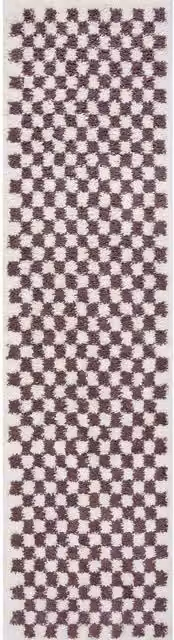 The Rugs Moodi Checkerboard Patterned Shaggy Runner in Beige, Purple and Multicolour