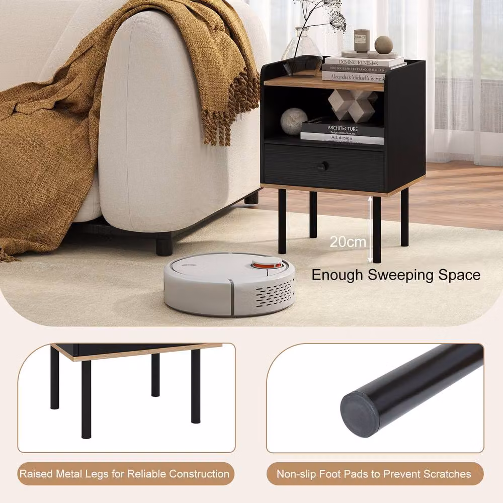Gymax Modern Black Nightstand Bedside Table with Open Storage Shelf and Drawer – 6