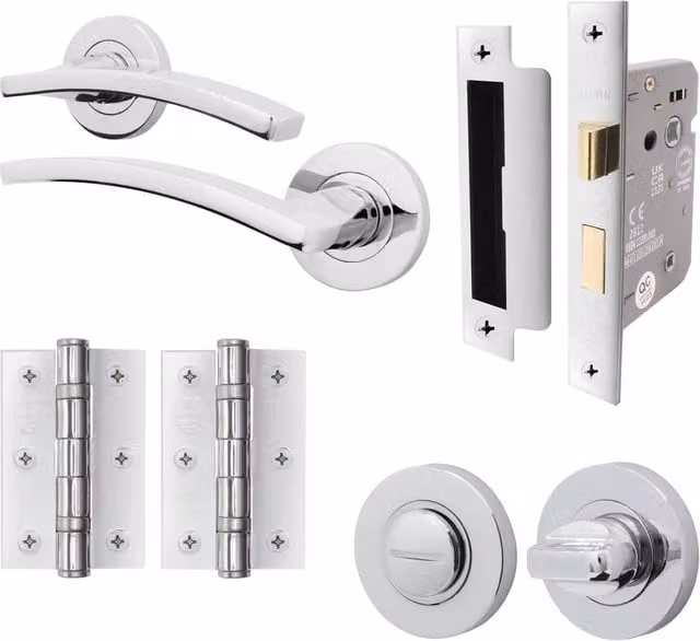 AFIT Polished Chrome Bathroom Door Handle Set with Rosette and Hinges in Silver