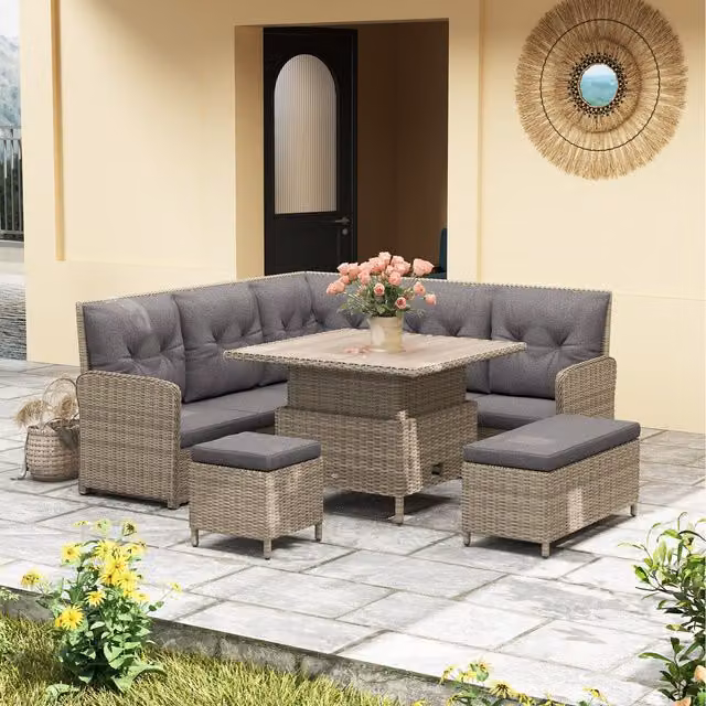 Outsunny 6 Piece Modern Rattan Garden Furniture Set in Light Grey
