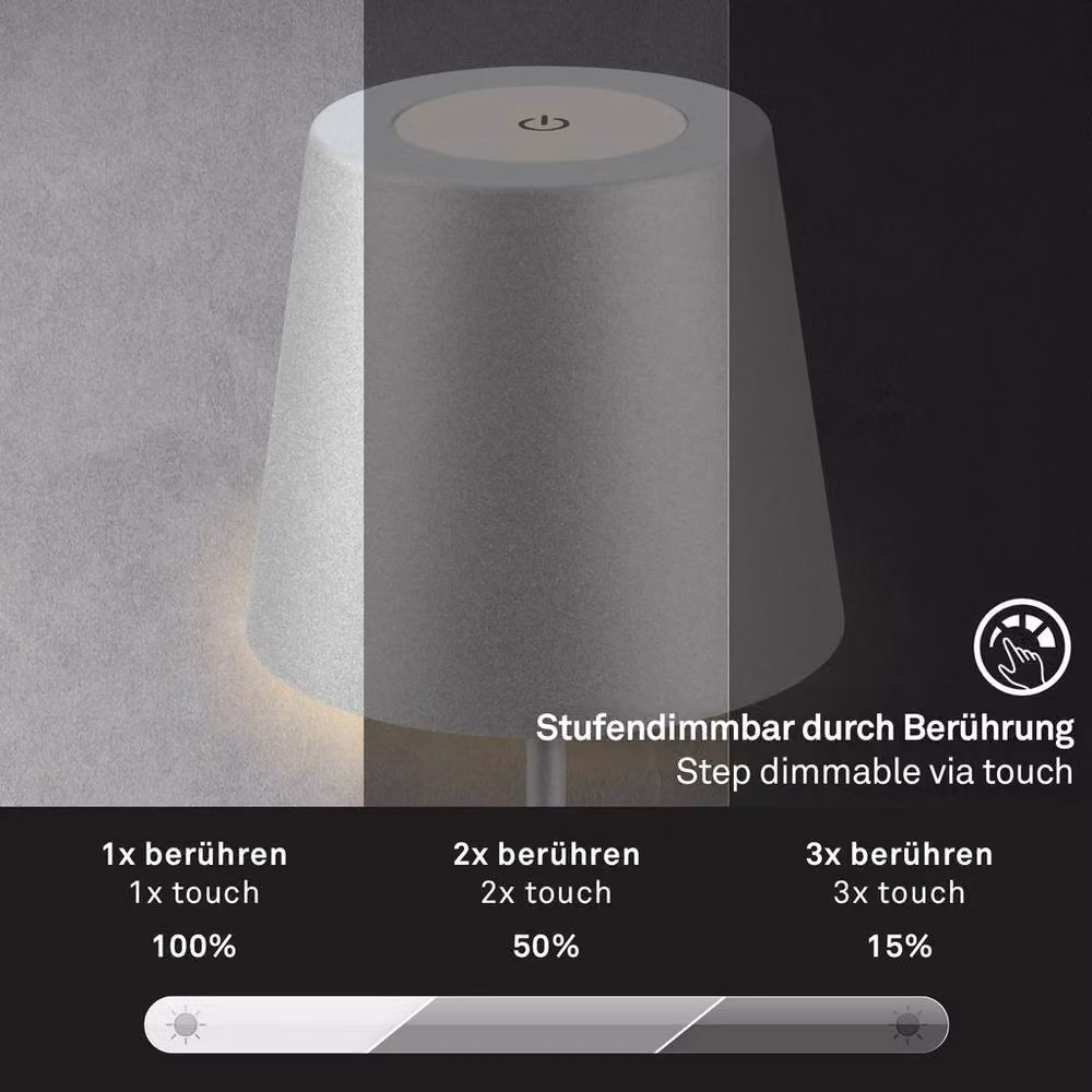 Briloner Rechargeable LED Table Lamp, Matt Chrome and Silver, IP44 Dimmable Modern Outdoor Light – 3