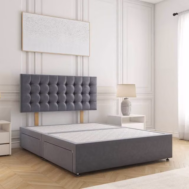 BSSPOKE Isla Divan Bed with 24 inch Plush Headboard and 2 Drawers, Charcoal Grey, W/D/H: 120 x 200 x 30.48 cm