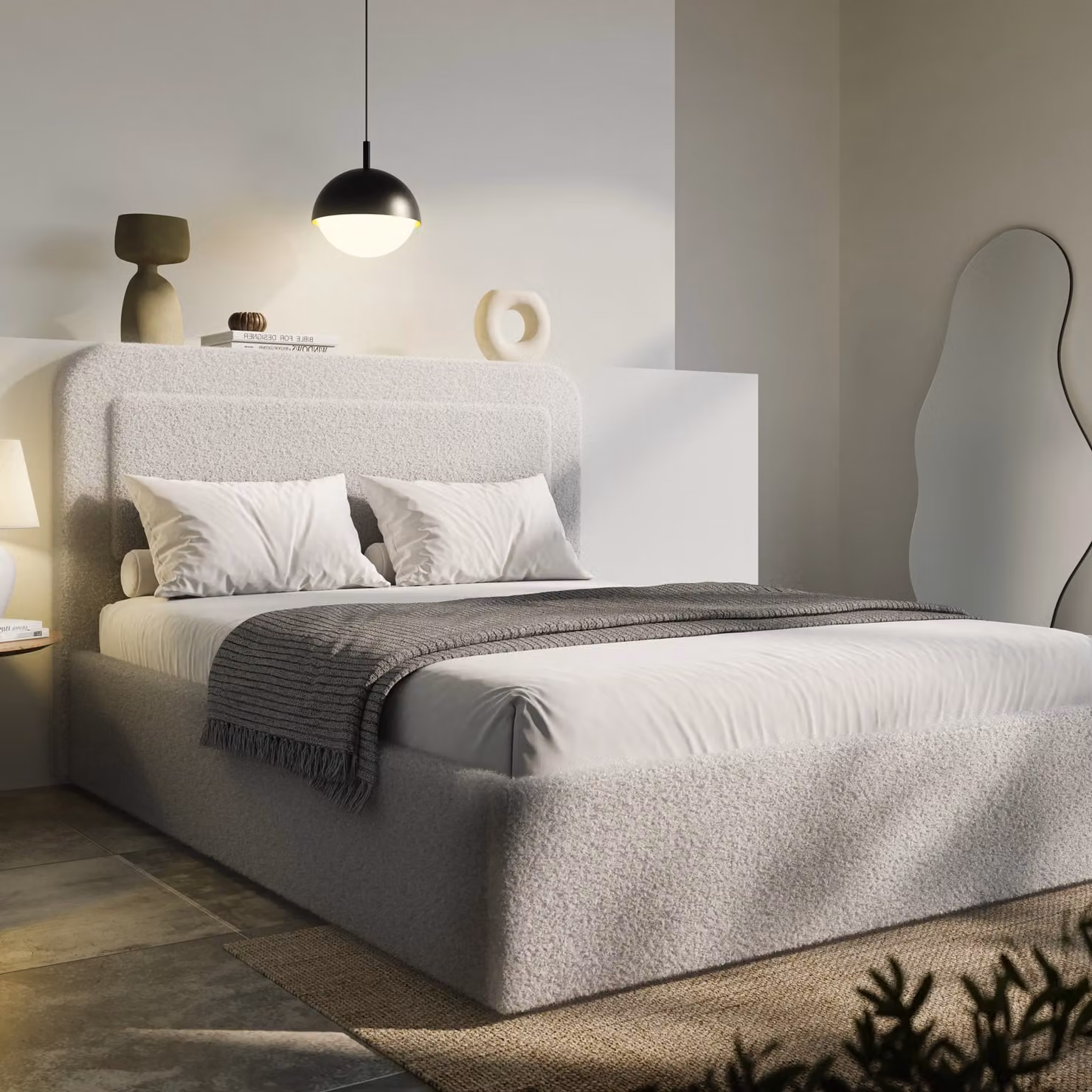 DHS Grey Bouclé Upholstered Ottoman Storage Bed with Lift Up Base, 180 x 200 cm