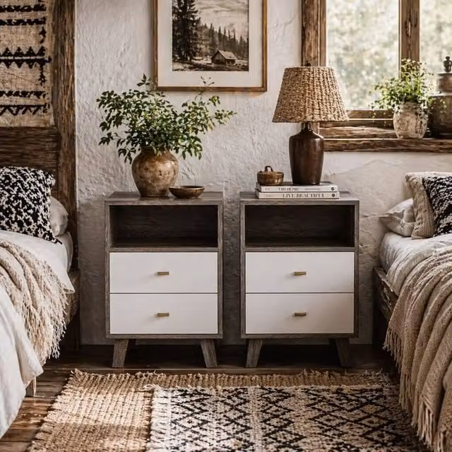 Wyld Haus Cosana Scandinavian Bedside Table with Drawers and Open Shelf in Grey and White