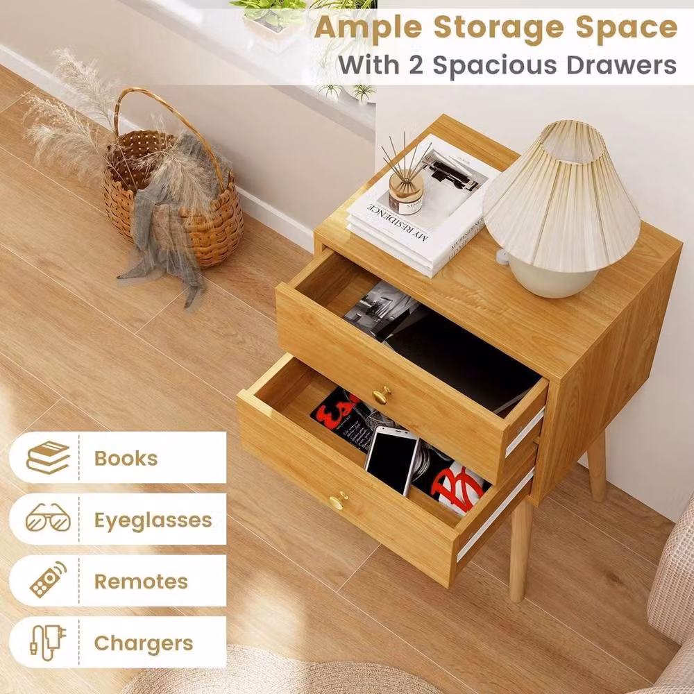 FORGEVIO Mid-Century Modern 2-Drawer Bedroom Side Table and Bedside Table in Brown Wood – 2