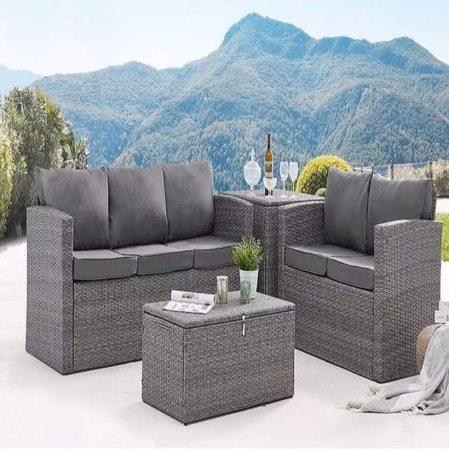 GRS Toulon Rattan Sofa Lounge Set with Storage Tables in Grey