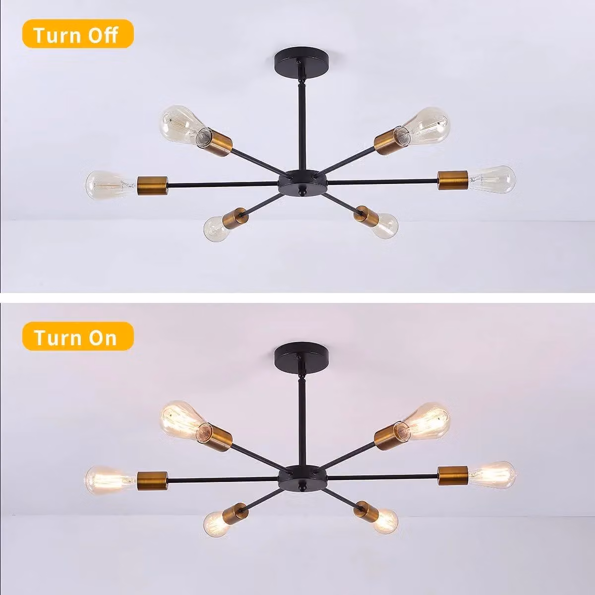 Garwarm 6-Light Sputnik Modern Industrial Metal Chandelier in Black and Gold/Brass with Transparent Glass Shades – 2