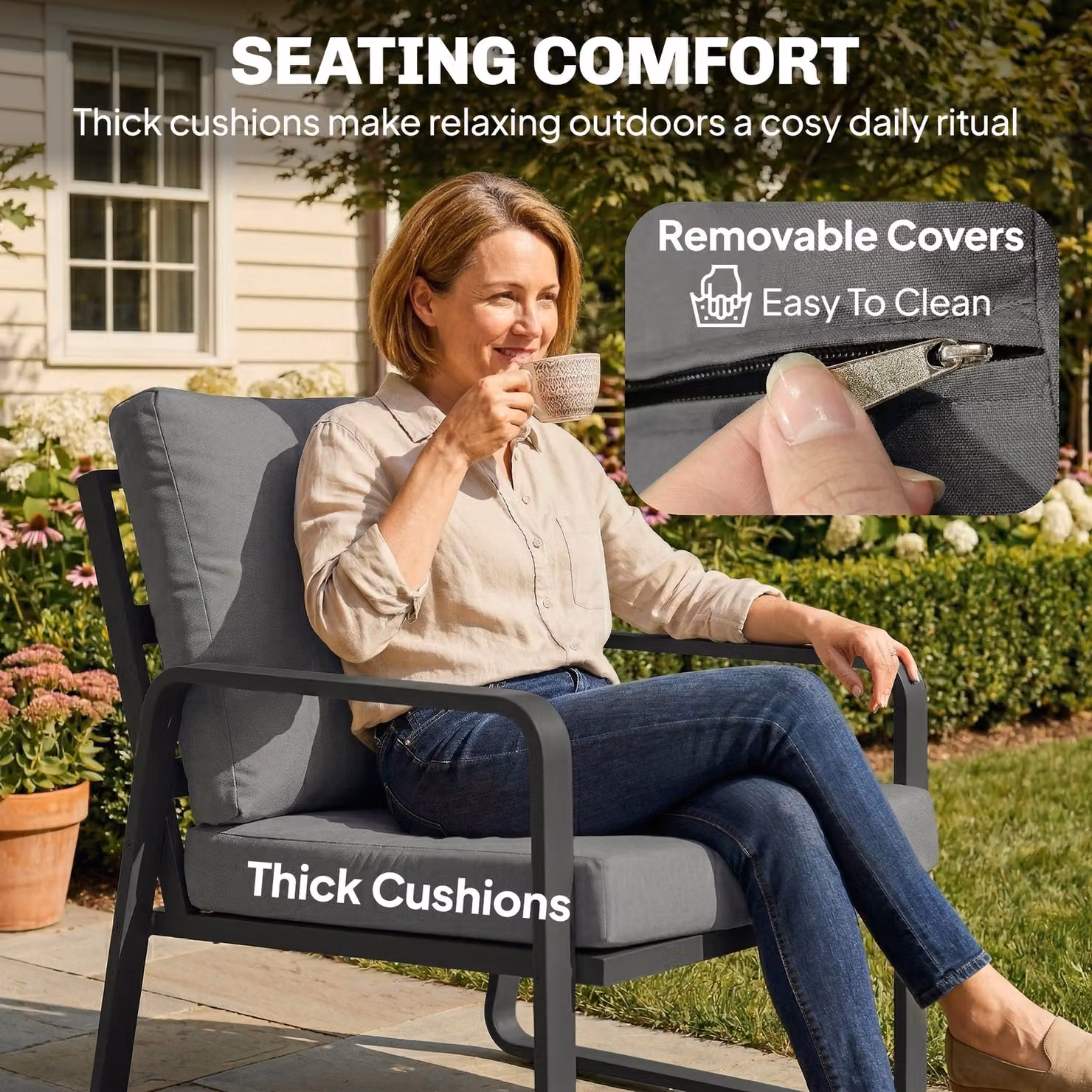 Outsunny 4 Piece Grey Garden Furniture Set with Upholstered 2 Seater Sofa, 2 Armchairs, Glass Top Coffee Table and Cushions – 5